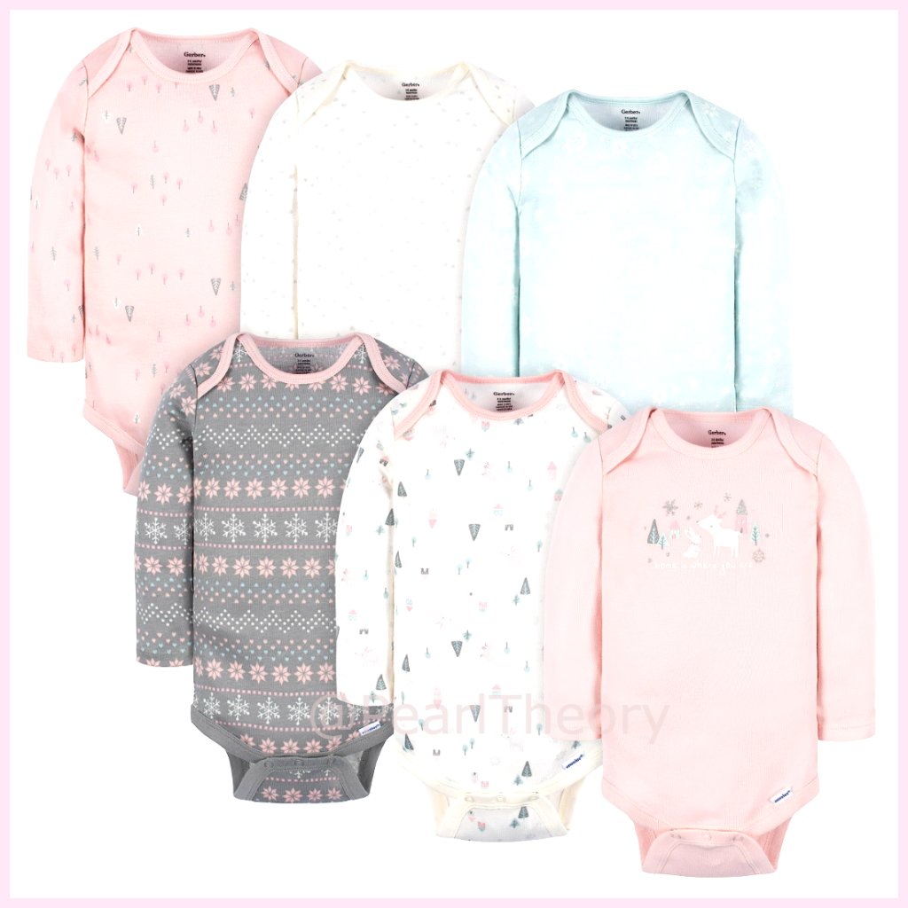 100% Ribbed Cotton Long Sleeve Bodysuits 6-Pack Infant Snap Closure